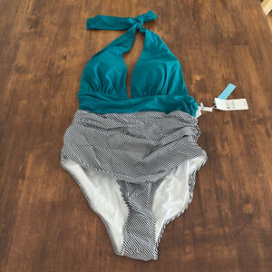 CUPSHE Teal Halter One-Piece Swimsuit Striped Ruched Tummy Control NWT Size L
